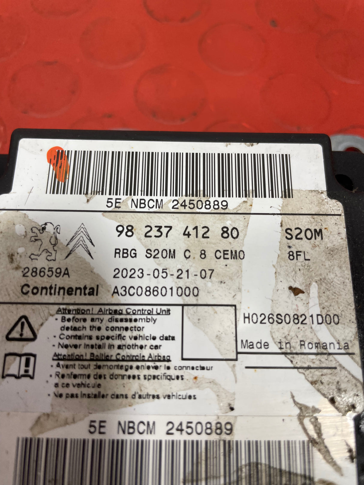Citroen Berlingo/Peugeot Partner AIRBAG CONTROL MODULE ECU 2018-2023 1.6 P/N 9823741280